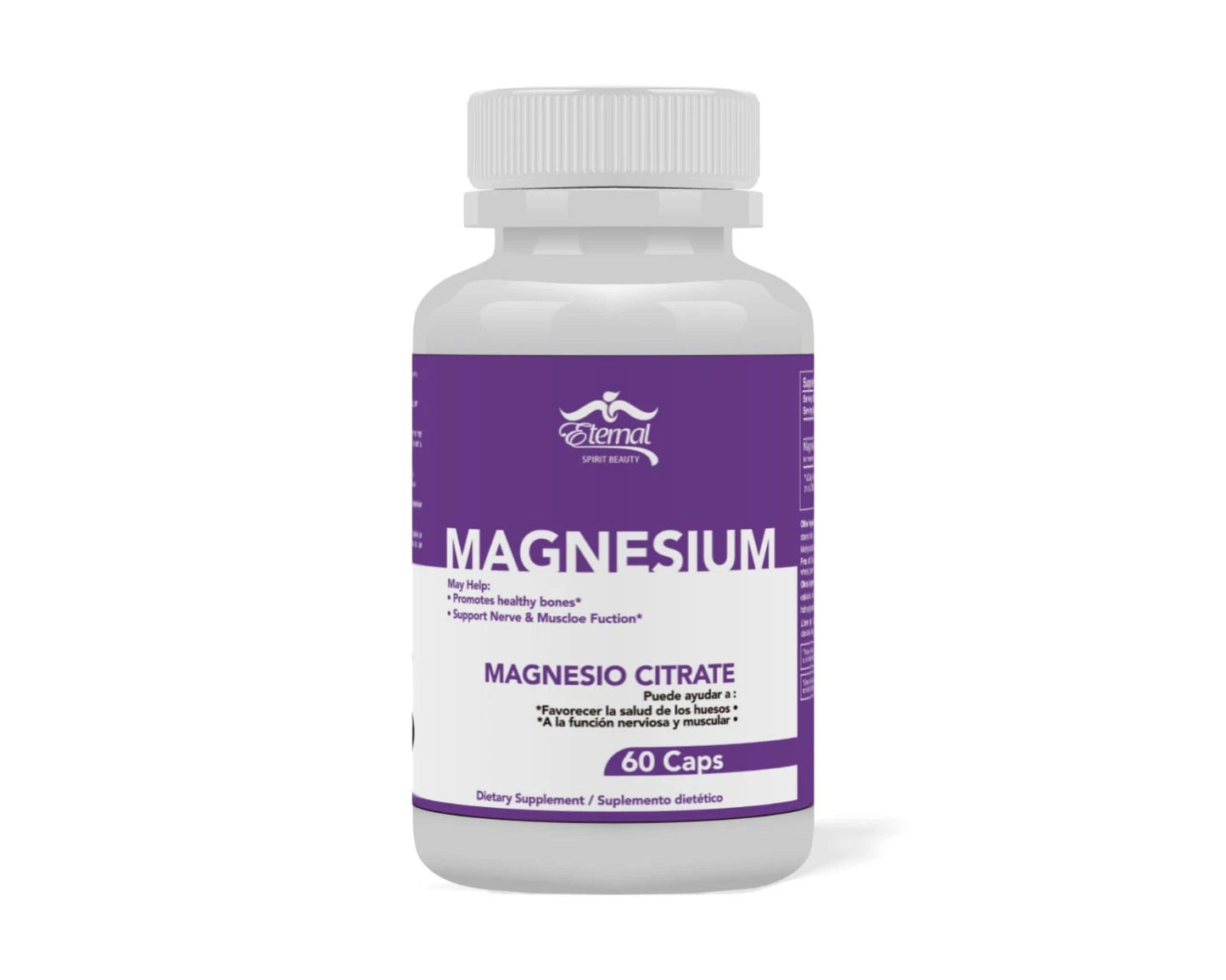 Bottle of magnesium supplement with purple label on a white background