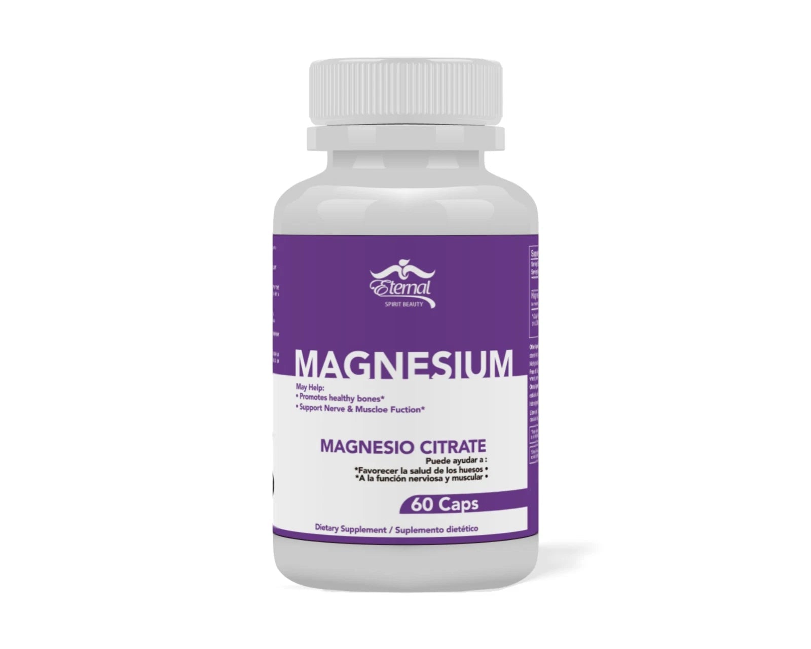Bottle of magnesium supplement with purple label on a white background